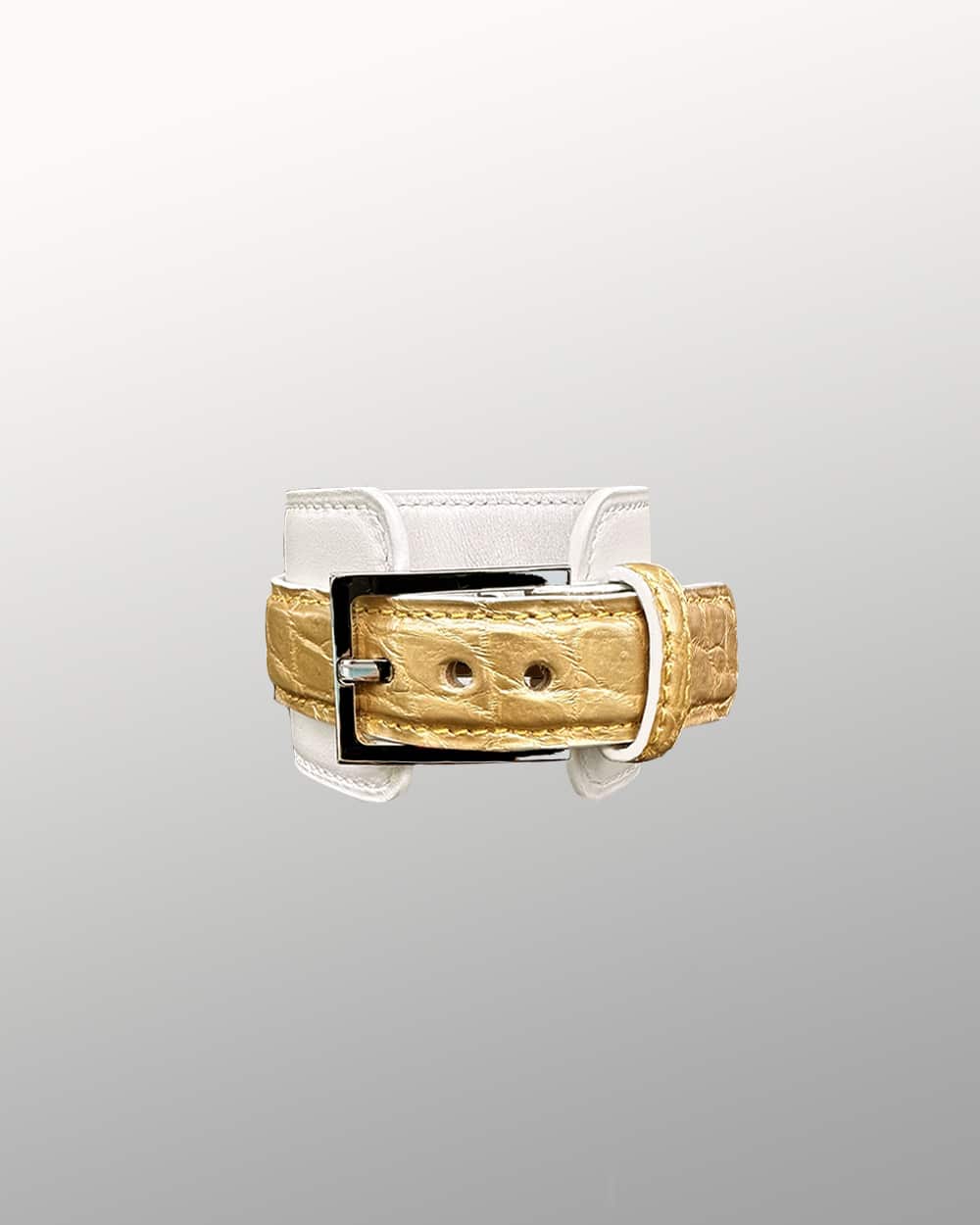 manchette unisexe bicolore en crocodile véritable doré et cuir uni blanc